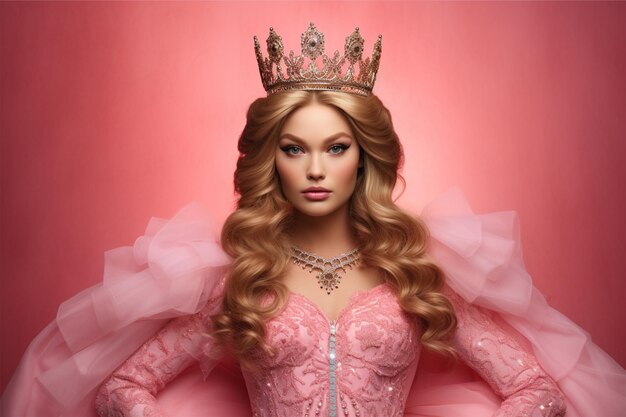 Premium AI Image  A Barbie Girl in a magnificent pink and golden dress  crowned with a glorious queen's crown