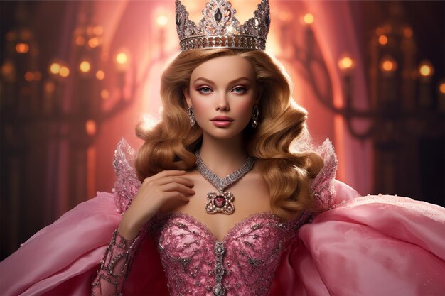 Premium AI Image  A Barbie Girl in a magnificent pink and golden dress  crowned with a glorious queen's crown