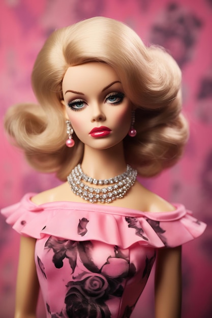 a barbie doll with a pink dress and a necklace.