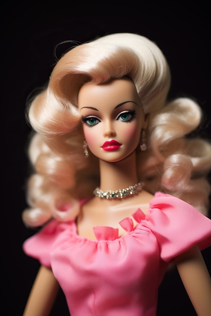 a barbie doll with a pink dress and a necklace.