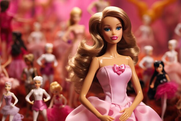 A barbie doll with a pink dress and a pink bow on the top