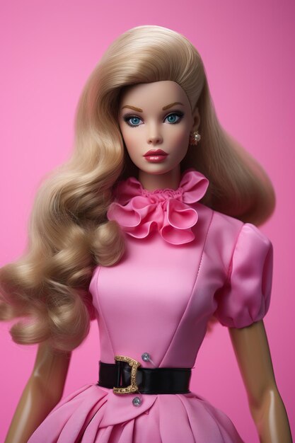 Foto una bambola barbie con un vestito rosa e un fiore rosa.