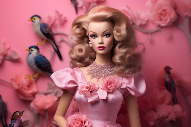 Foto una bambola barbie con fiori rosa e un pappagallo in cima.