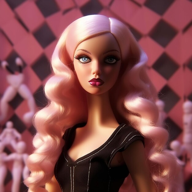 a barbie doll with pink hair and a black dress