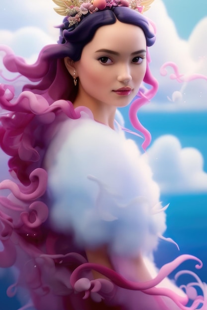 A barbie doll with pink hair and a blue sky in the background.