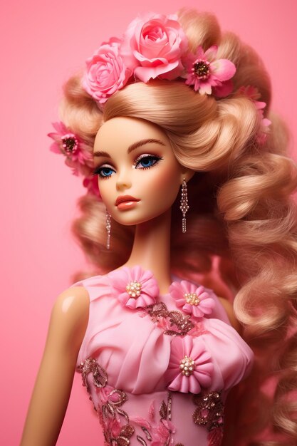 Foto una bambola barbie con i capelli rosa e dei fiori in testa.