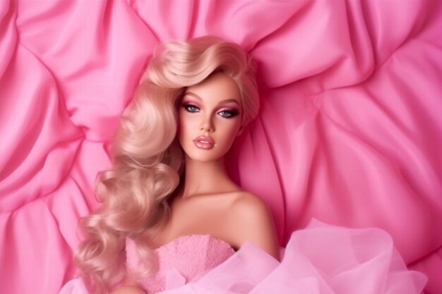 A barbie doll with pink hair and pink lips is laying on a bed.