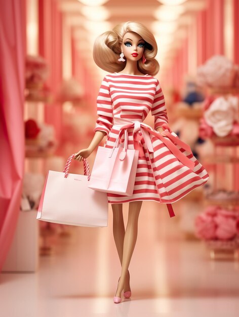 Foto bambola barbie con borse per la spesa foto di stock nello stile di foto di alta qualità a righe tonalità pastello