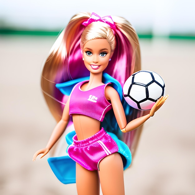 Кукла Барби с футбольным мячом в руке