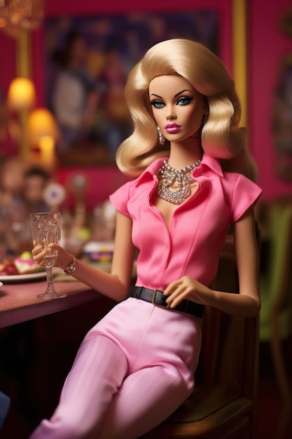 a barbie doll with a wine glass in the background.