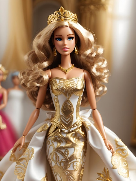 Premium AI Image | A barbie in a dress with a gold and white dress with a gold tiara on her head