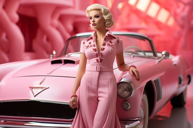 Foto barbie guida un'auto rosa