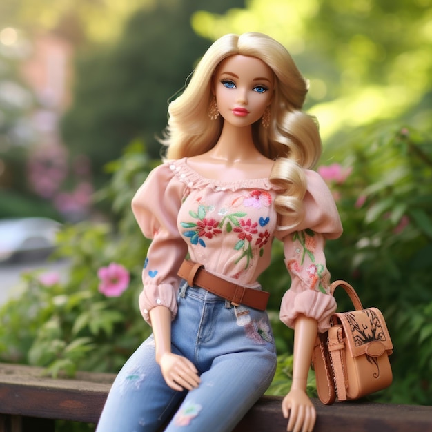 Barbie in Embroidered peasant blouse with distressed jeans and ankle boots Generative AI