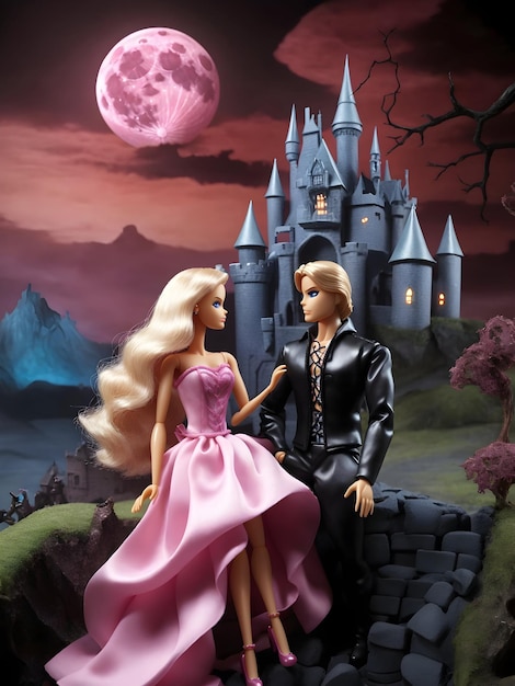 Barbie en Ken Enge afbeelding met een griezelig kwaadaardig landschap met een kasteel en een grote maan op de achtergrond