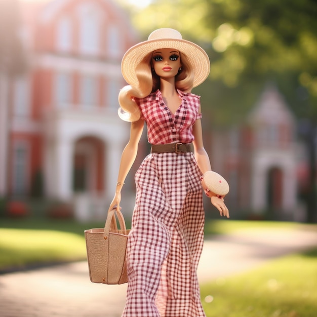 Barbie in gingham print maxi skirt with a straw hat and block heel sandals generative ai