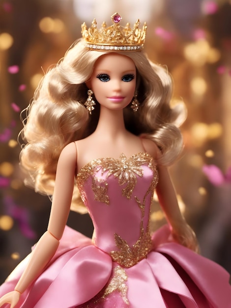 Premium AI Image  A Barbie Girl in a magnificent pink and golden dress  crowned with a glorious queen's crown