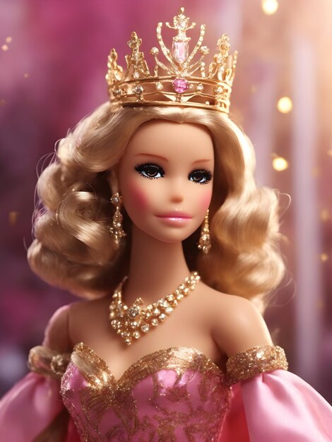 Premium AI Image  A Barbie Girl in a magnificent pink and golden dress  crowned with a glorious queen's crown