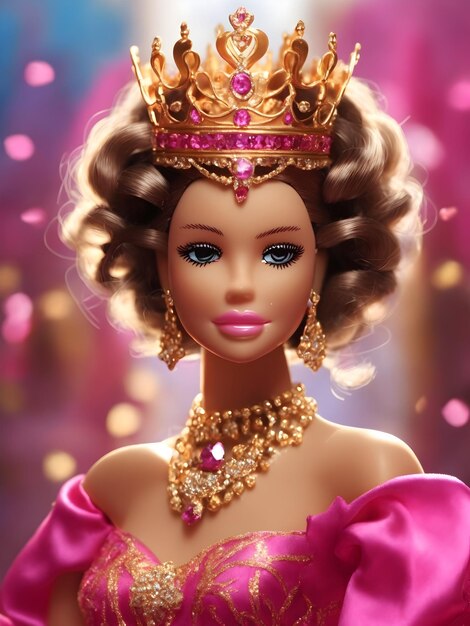 Premium AI Image  A Barbie Girl in a magnificent pink and golden dress  crowned with a glorious queen's crown