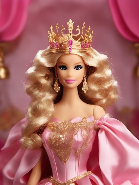 A Barbie Girl in a magnificent pink and golden dress crowned with a glorious queen's crown