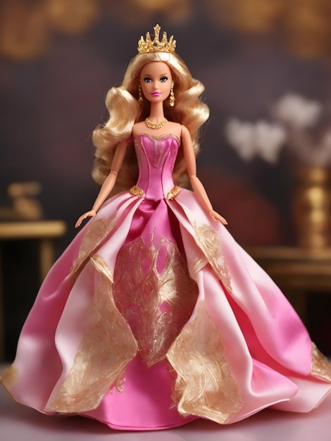 Premium AI Image  A Barbie Girl in a magnificent pink and golden dress  crowned with a glorious queen's crown