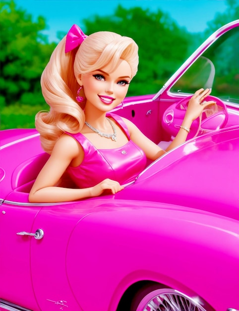Девушка Барби сидит на классическом винтажном розовом автомобиле с откидным верхом