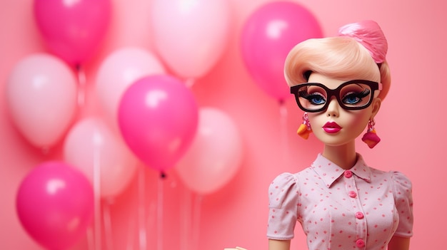 Barbie Girl with balloons against pink background