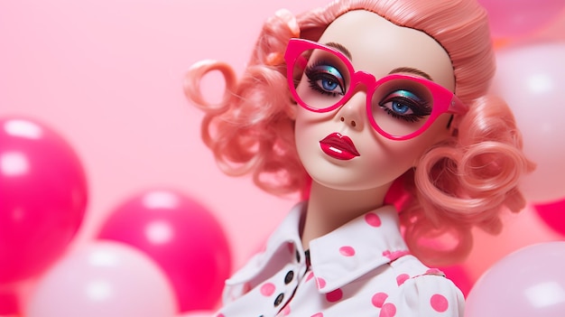 Barbie Girl with balloons against pink background