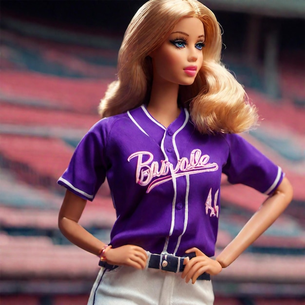 Barbie in een kleurrijk honkbalshirt in een stadion