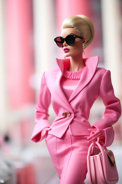 写真 柔らかいリアリズムのスタイルのサングラスとハンドバッグを着たピンクの服装のバービー