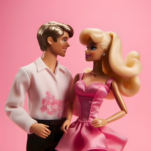 Barbie in roze jurk en Ken kijken elkaar wazige achtergrond aan