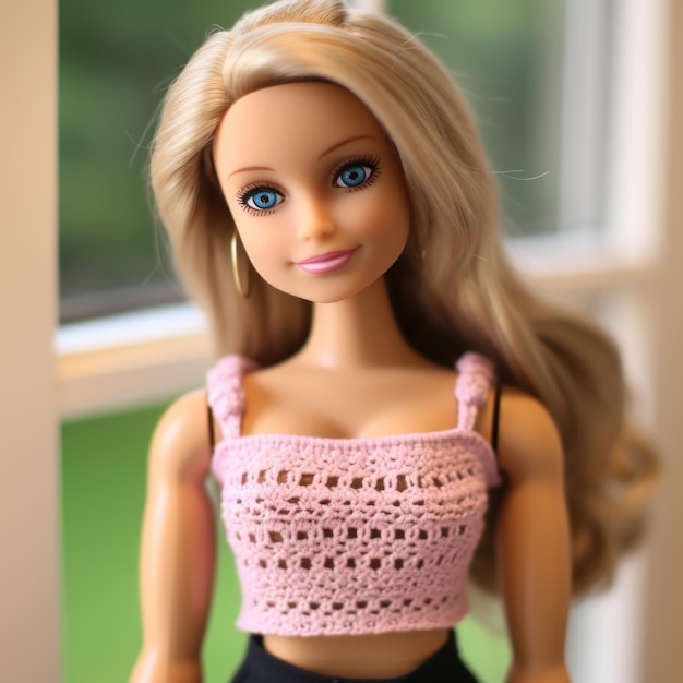 Barbie in T-shirt met gehaakte rand, crop-top en espadrilles met sleehak Generative AI