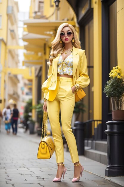 写真 バービー に 触発 さ れ た 黄色い 服装 が 女性 の ファッション に