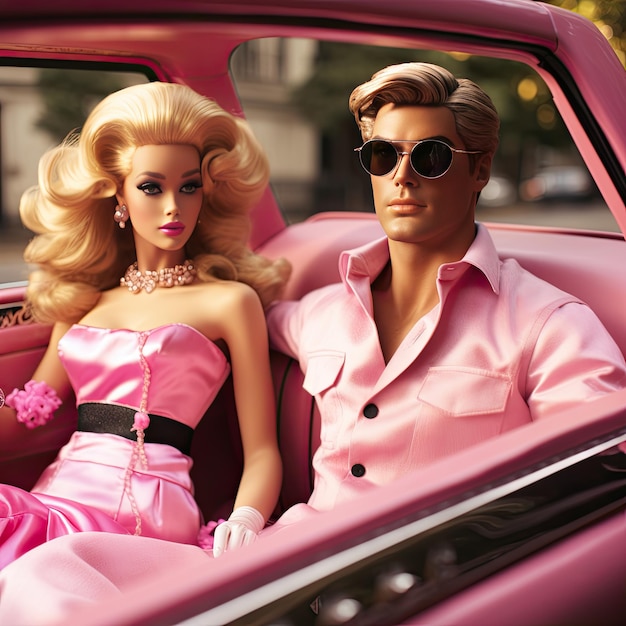 Barbie and Ken couple in a car