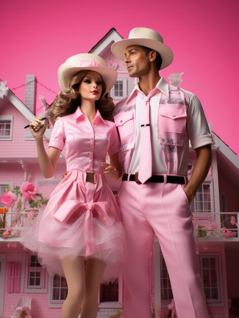 Barbie and ken dolls in their pink house family and love