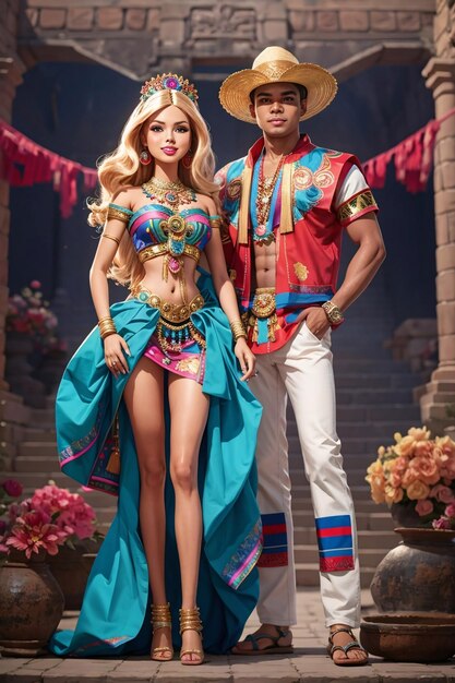 Barbie and Ken Wearing A Wearing Teotihuacan Costume