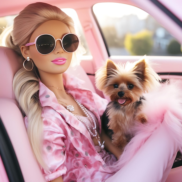 Barbie in light pink with sunglasses in her light pink car with her little yorkie