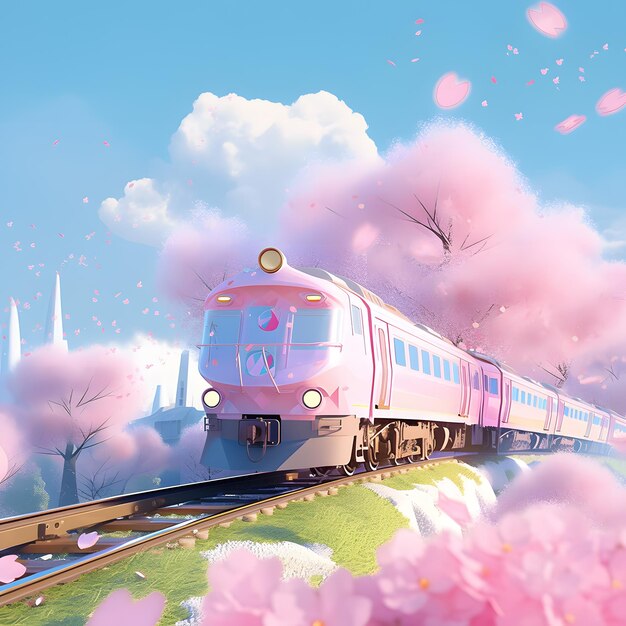 Barbie like pink 3d illustration and animation of pink train with sakura flower romantic cartoon