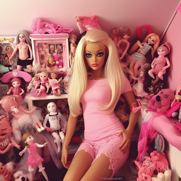 Barbie met de roze outfit roze achtergrond close-up