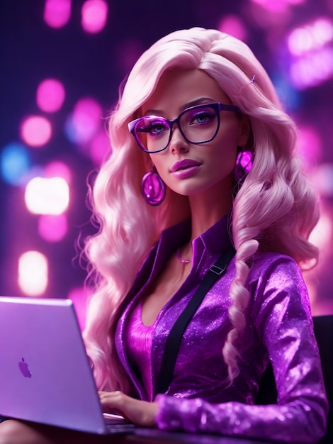 Barbie met een neonlicht laptop