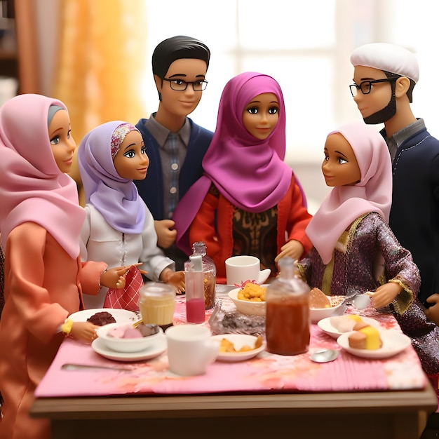 Barbie met haar familie in moslimstijl met een hoofdtooi die bijeenkomt tijdens een maaltijd