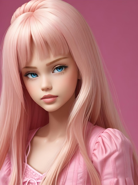 Barbie pink blonde hair girl full body pink background