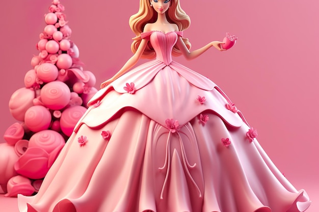 Barbie in pink Dress with Pink BAckroumd AI Generated
