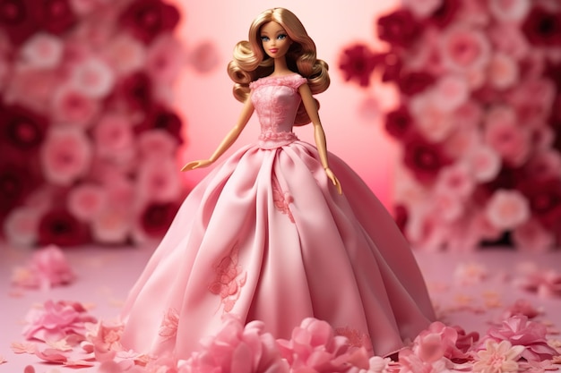 Barbie in pink Dress with Pink BAckroumd AI Generated