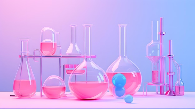 写真 ピンクの背景に青い液体を持つバービー ピンクの実験用ガラス器具
