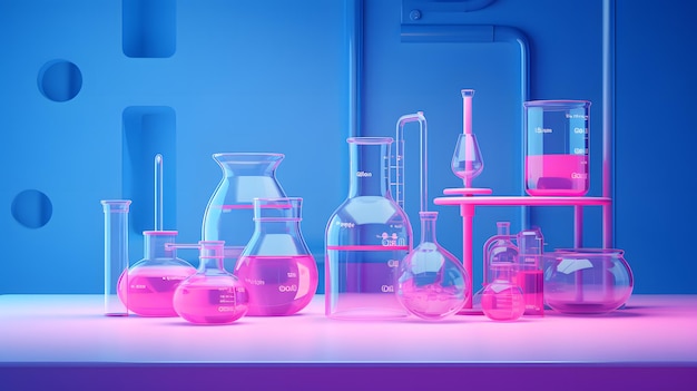 Barbie pink laboratory glassware with blue liquid on pink background
