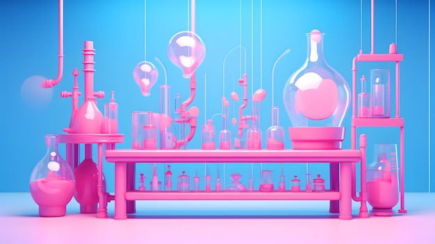 Foto vetreria da laboratorio barbie rosa con liquido blu su sfondo rosa