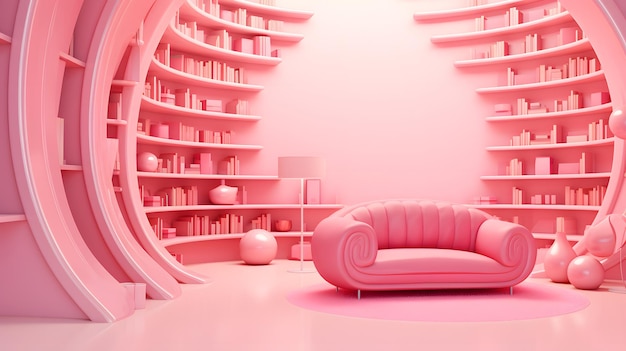 Barbie pink library with bookshelf and pink sofa and books