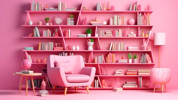 Barbie pink library with bookshelf and pink sofa and books