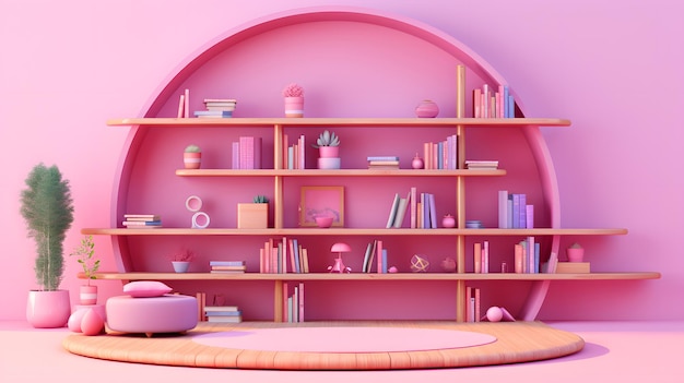 Barbie pink library with bookshelf and pink sofa and books