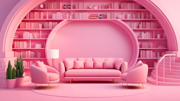 Barbie pink library with bookshelf and pink sofa and books